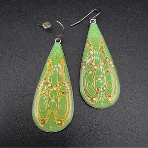 Art Deco style Green and Gold Filigree Teardrop Dangle Earrings